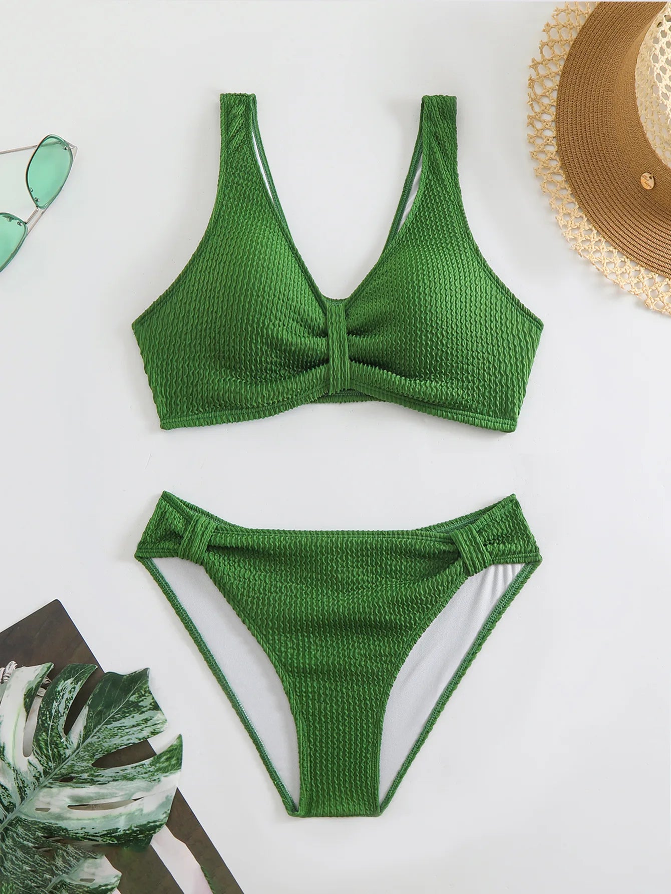 Summer New Women's 2 Piece Swimsuit Solid Color High Waist Bikini Set V-neck Backless Beach Vacation Bathing Suit Swimwear