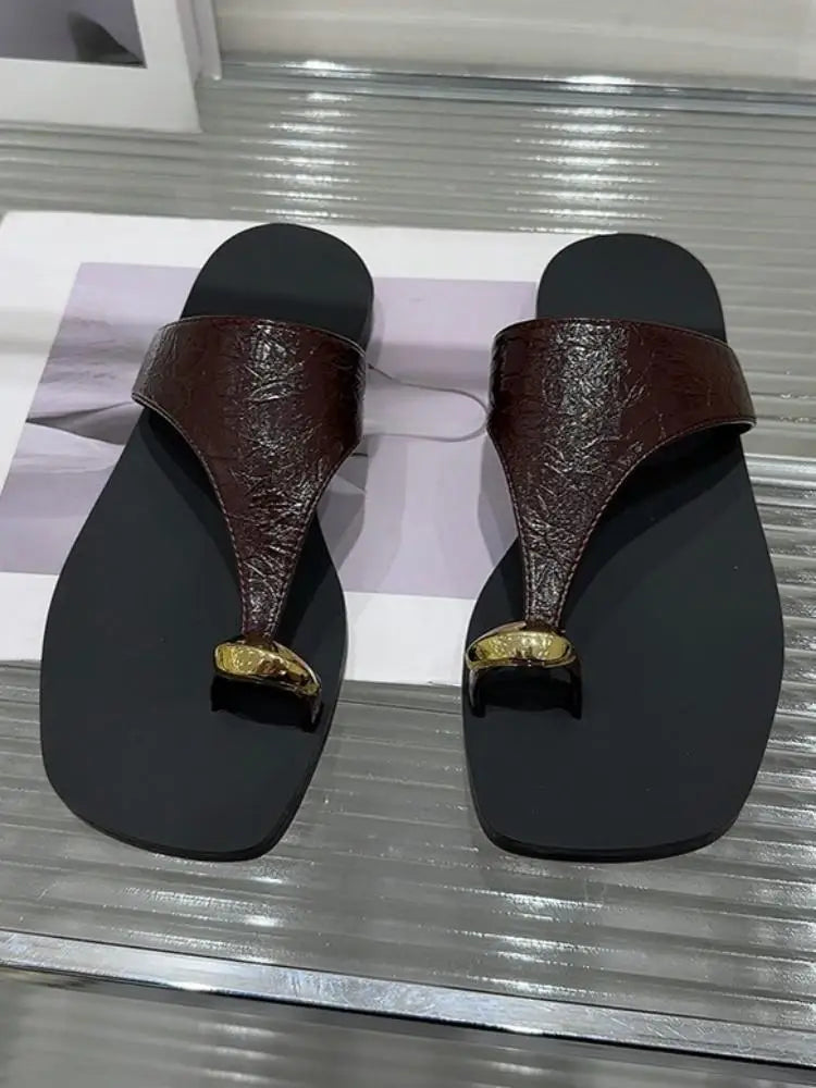 Summer Wearing Outside Clipped Toe Slippers Leisure Women Korean Style Versatile Solid Color Cow Split Leather Flip Flops
