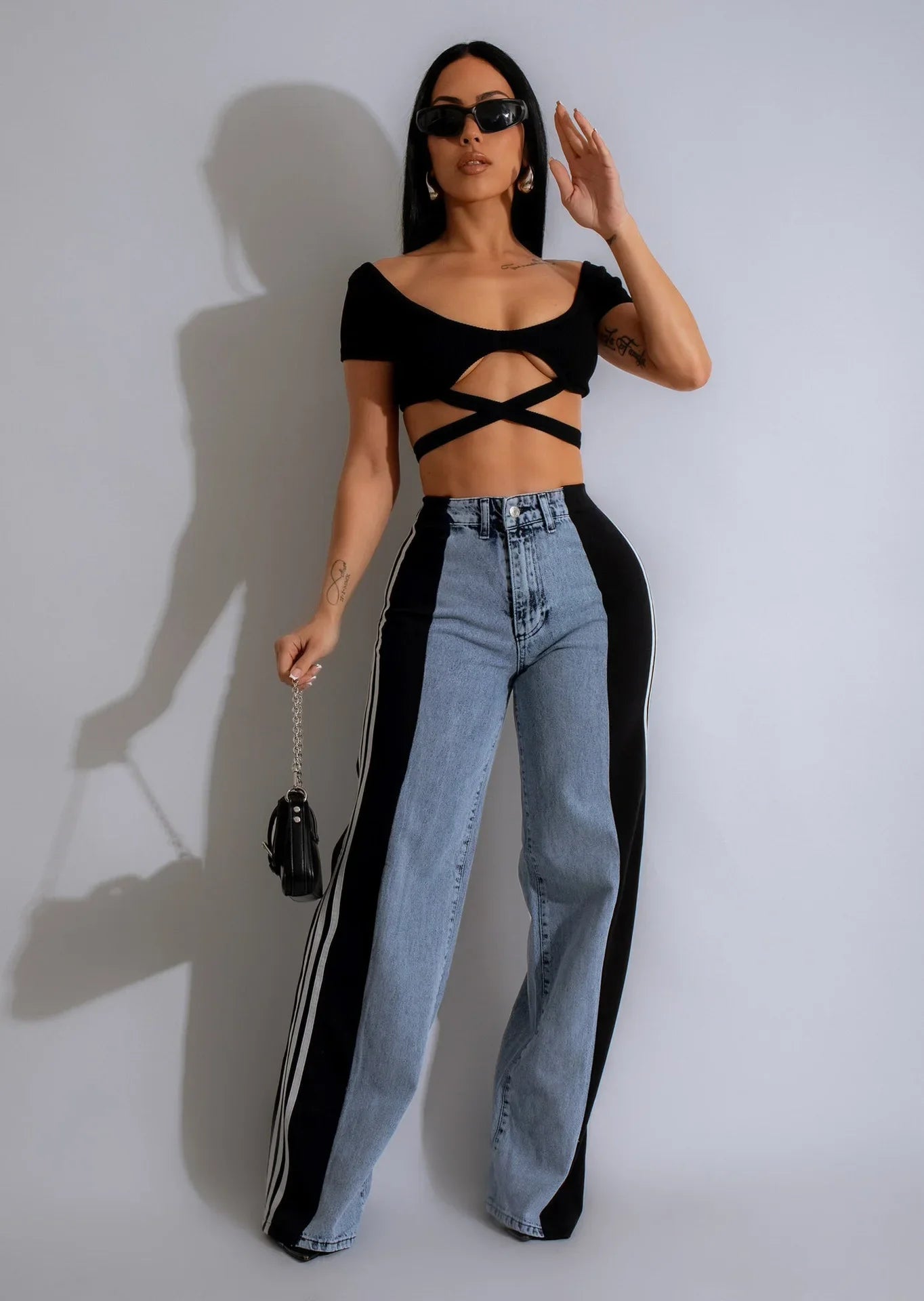 Sideseam Striped Wide Leg Jeans Women High Waist Stretch Denim Pants Patchwork Colorblock Straight Trouser