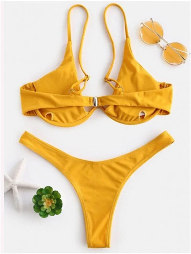 Sexy Underwire Bikini  Women Solid Red Push Up Bra Thong Swimsuit Haler V Neck Bathing Suit Mini Micro Thong Swimwear