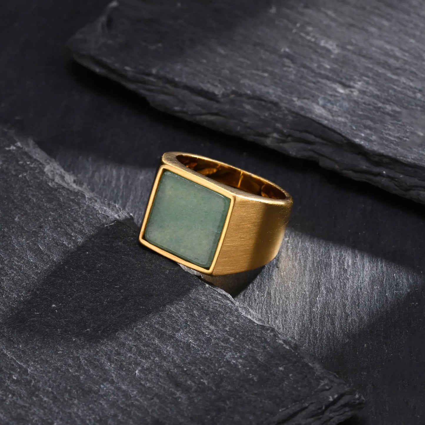 Natural Green Stone Ring for Men Boys,Gold Color Stainless Steel Stamp Ring Thumb Ring Square Ring,Punk Stylish Jewelry Gift