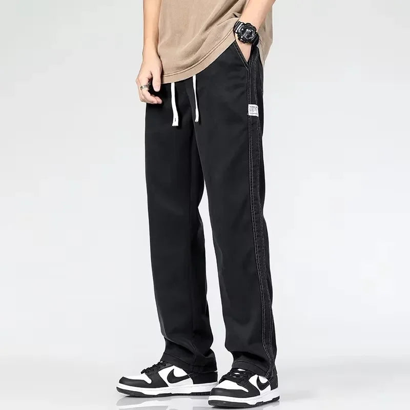 2025 New Summer Soft Lyocell Fabric Men's Jeans Thin Loose Straight Pants Drawstring Elastic Waist Korea Casual Trousers
