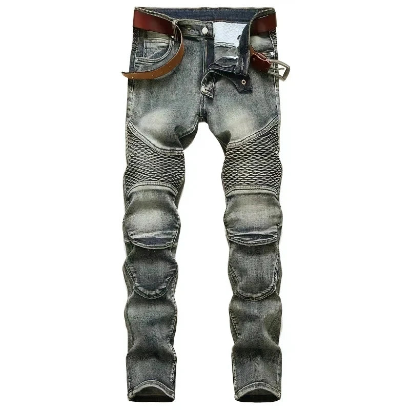 Men's New Casual Motorcycle Jeans Hip Hop Street Riding Stretch Slim Fit Straight Pants Patchwork Fashion Denim Trousers Male