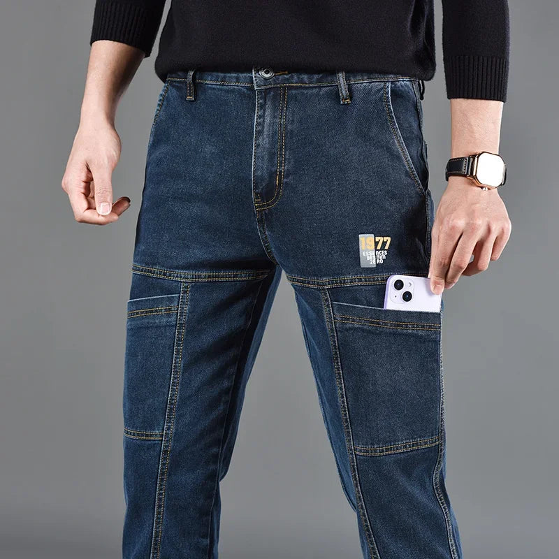 2025 New Style Jeans Men's Slim Fit Korean Style Comfortable Straight Leg Elastic Gray Mid Waist Pants Men's Casual Denim Pants