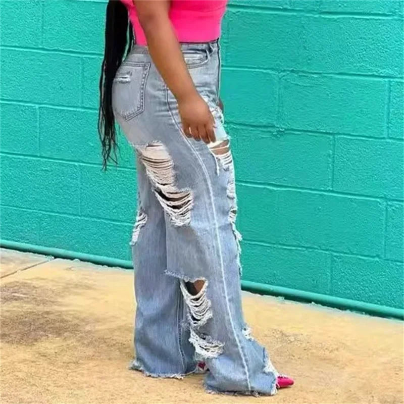 Fashion Front Back Large Holes Straight Jeans Female Casual High Waist Denim Pants Women Sexy Trend Streetwear Loose Trousers 24