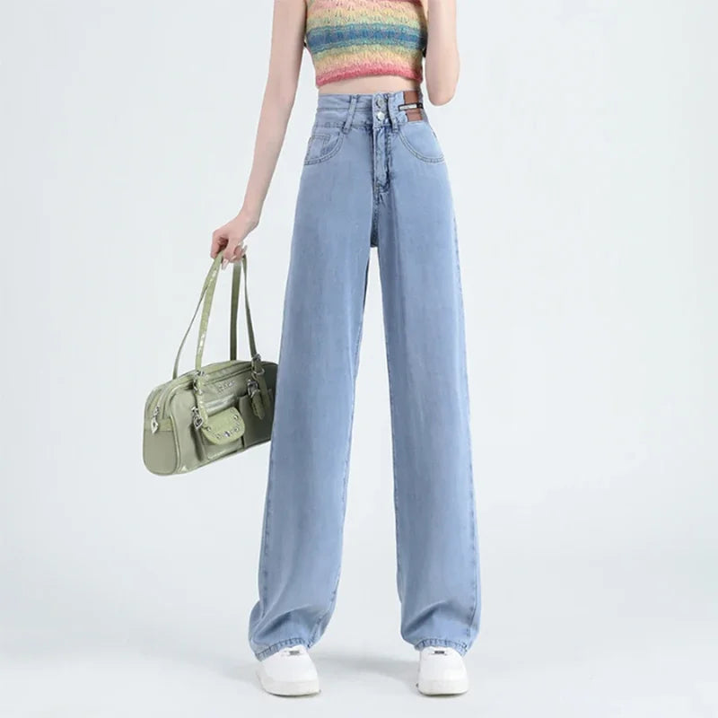 Lyocell Jeans Summer Thin High Waisted Wide Pants Korean Stretch Women Jeans Fashion Street Straight Denim Trousers Baggy Jeans