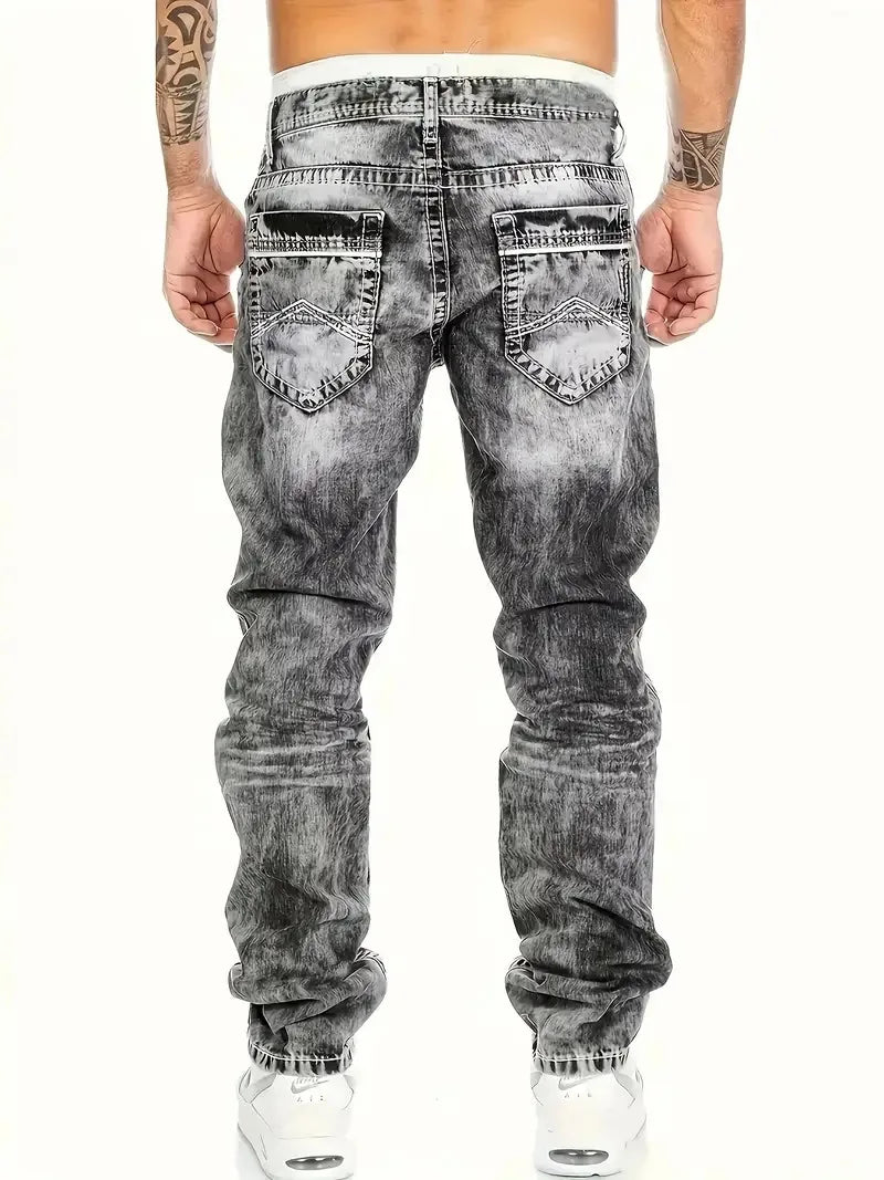 1pc Men's Casual Slim-Fit Stretch Jeans, Fashionable Street-Style Gradient Denim Pants with Washed-Out Look, Regular Fit, Machin
