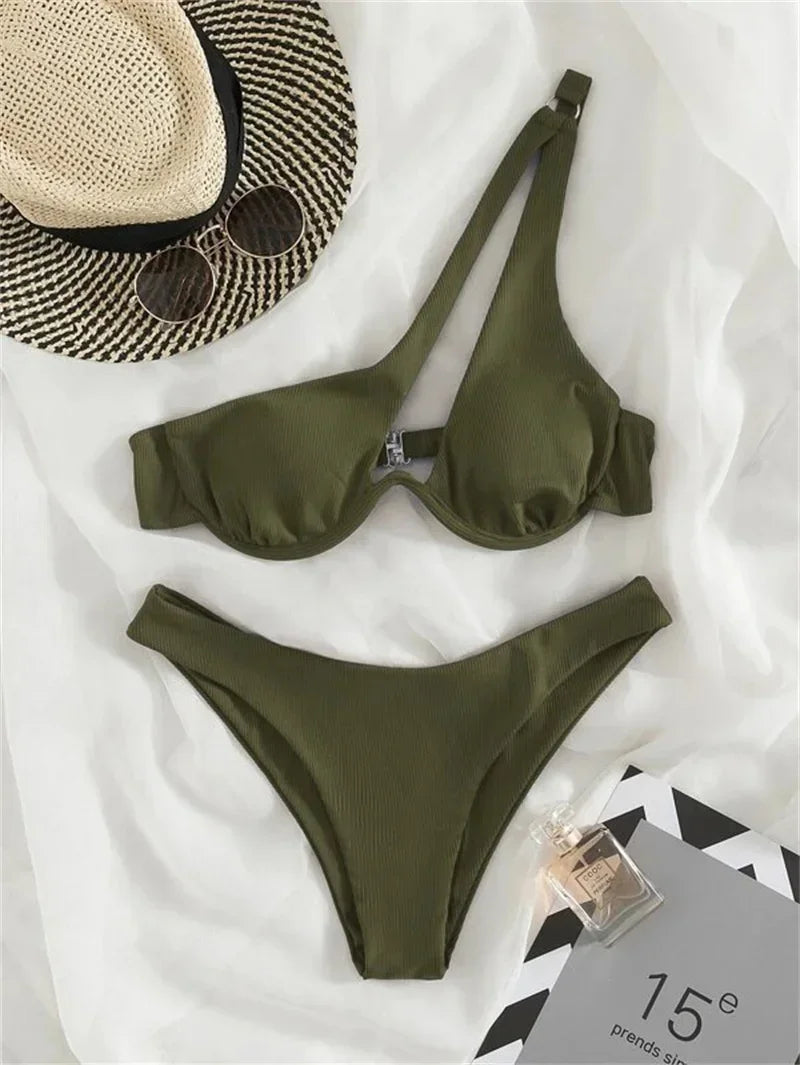Sexy One Shoulder Bikini Set 2025 Women Red Black Push Up Underwire Micro Swimsuit Brazilian Cut Out Bathing Suit Thong Swimwear