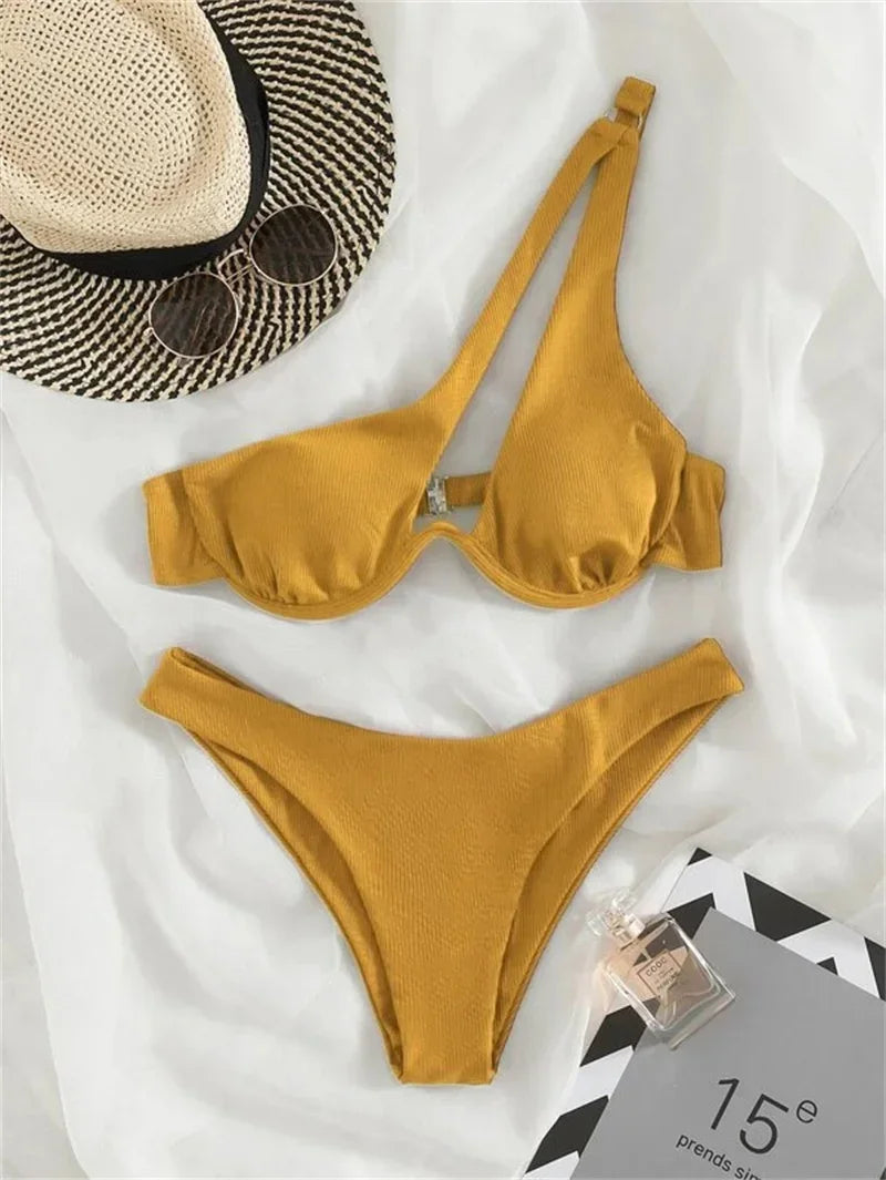 Sexy One Shoulder Bikini Set 2025 Women Red Black Push Up Underwire Micro Swimsuit Brazilian Cut Out Bathing Suit Thong Swimwear