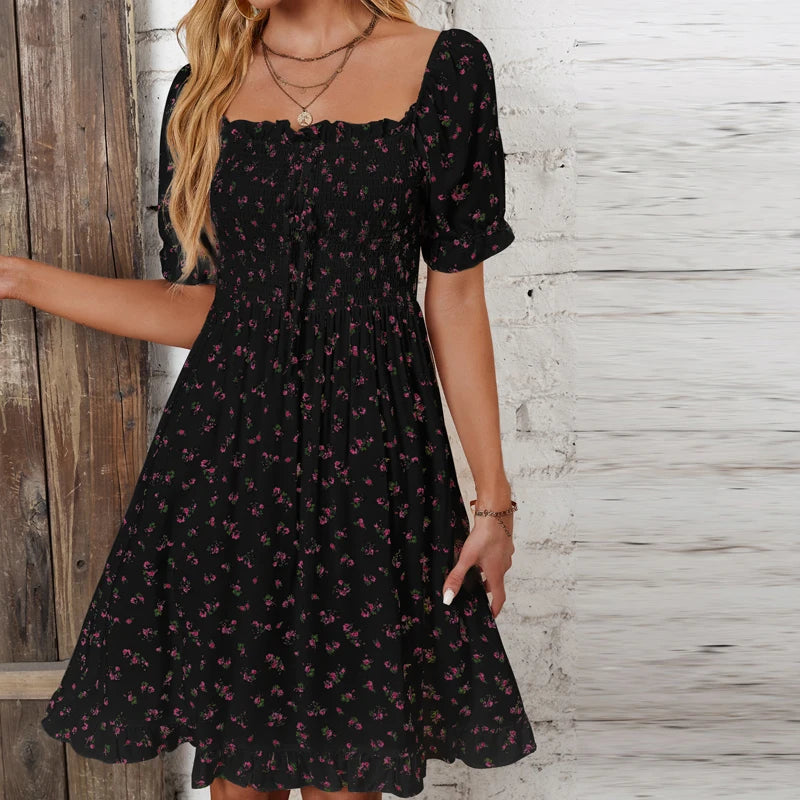 Women Print Square Neck Dress Fashion Ruffled Floral Smocked Dresses For Spring Summer Casual Dress