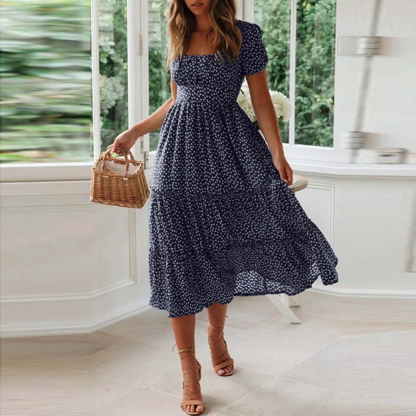 Sexy Square Collar Short Puff Sleeve Chiffon Floral Print Boho Party Dress Summer Women Beachwear Sand Vestidos