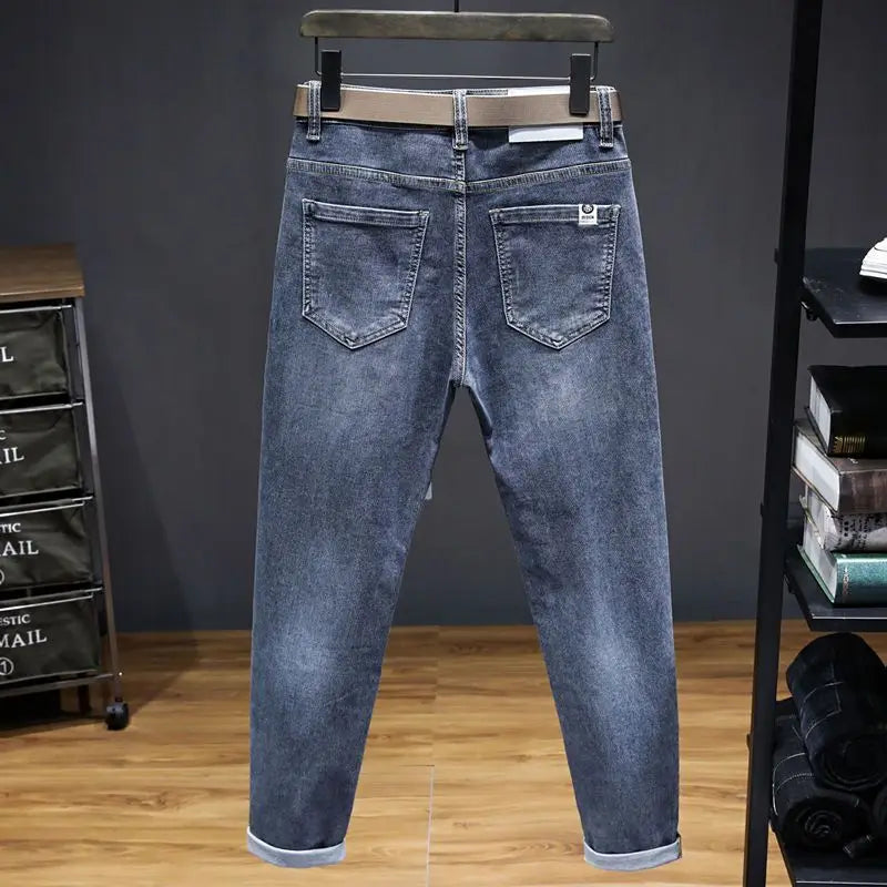 Harajuku Fashion Slim Fit Stretch Denim Jeans for Men Spring and Autumn Casual Blue Gray Water Wash Long Pants Luxury Slim Jeans