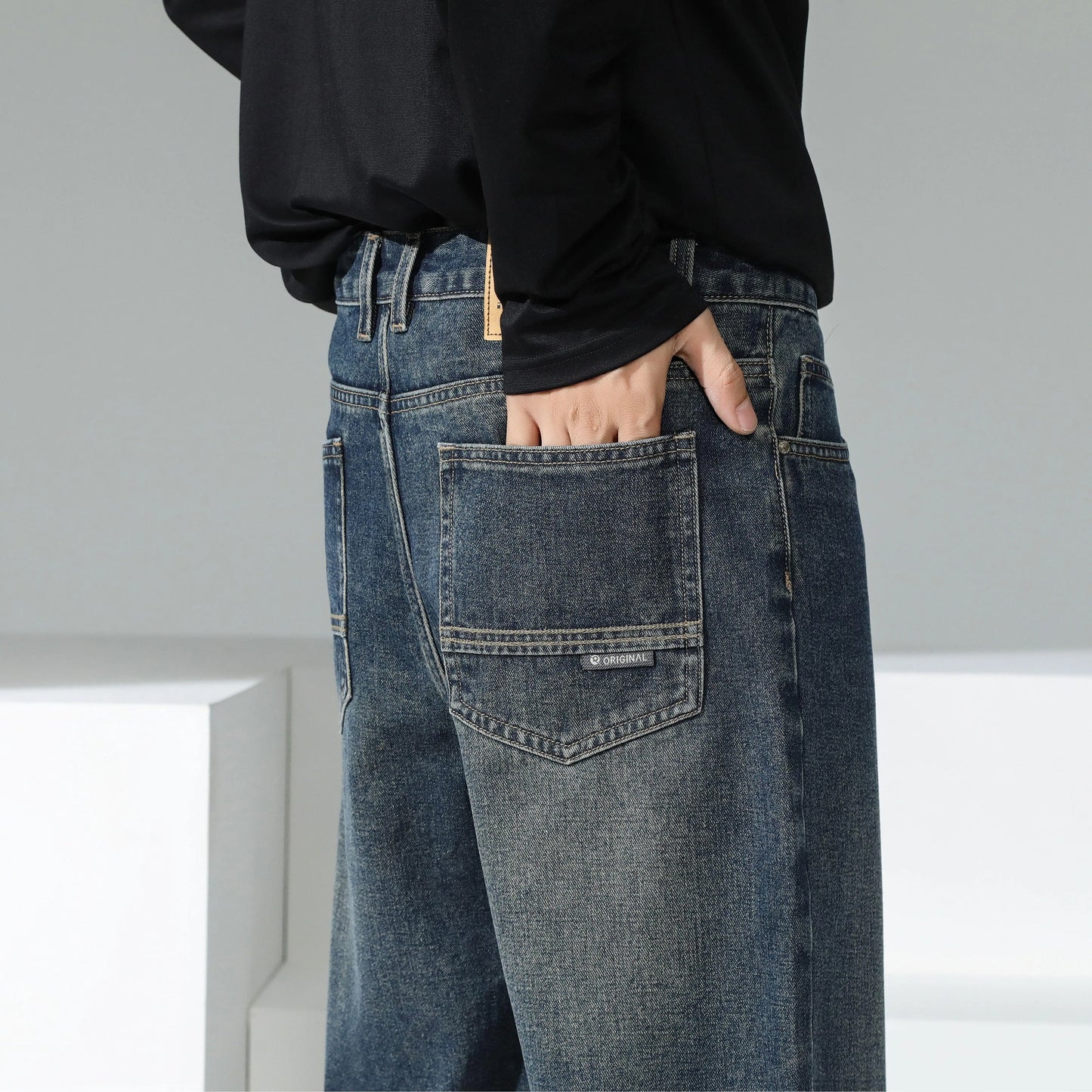 Youth Stylish Loose Fit Denim Pants Spring Retro Blue Wide Leg Jeans Soft Cotton Mid Waist Design for Daily Comfort & Durability