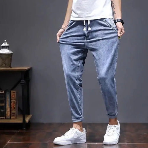 Elastic Lace Up Denim Jeans Men's Trend Versatile Pants 2022 Students Teenagers Men's Japanese Harem Leg 2022 Men's Cargo Pants