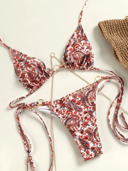 Bathing Suits Triangle Bikinis Printed Swimwear Women's Low Waist Swimsuit Bandage Biquini Set New Two Piece Suits