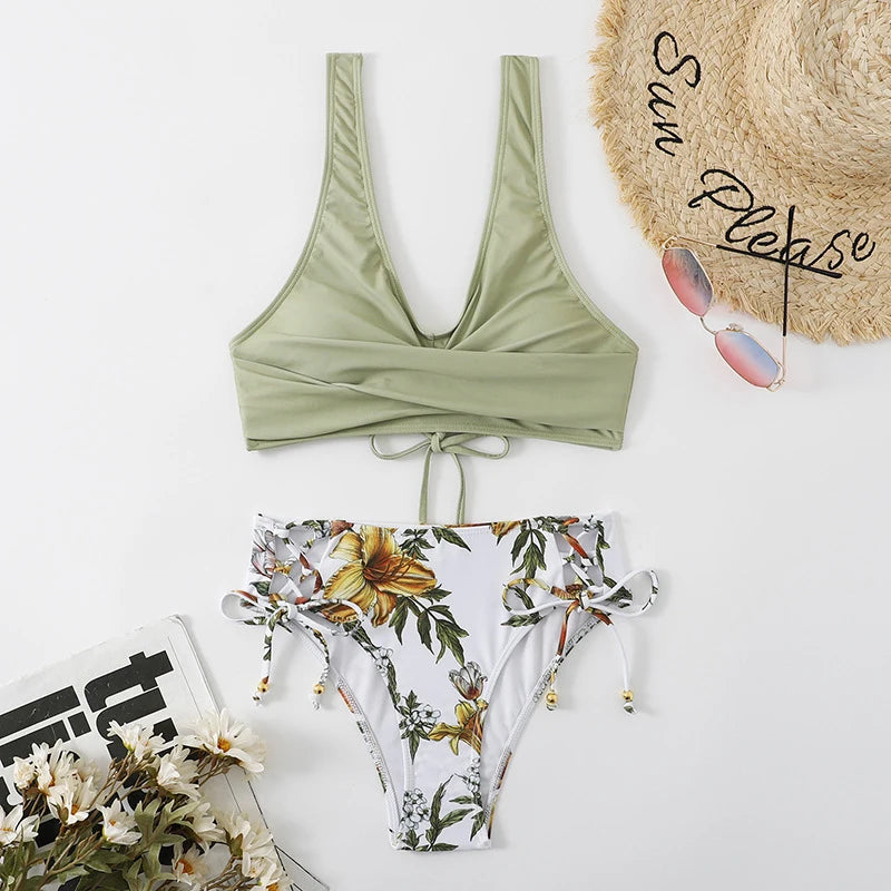 Vintage Printing Bikini Set Women Swimwear Cross Pleated Backless Lace Up Bikini Push Up 2025 New Beach Two Piece Bathing Suit