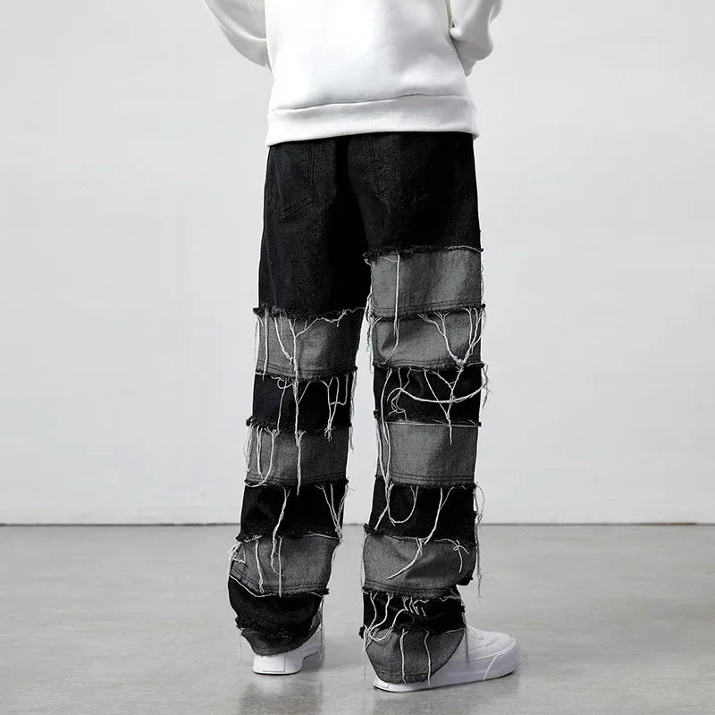 European and American New Style Whiskered Spliced Long Pants, Fashionable Men's Simple and Versatile Straight-leg Jeans.