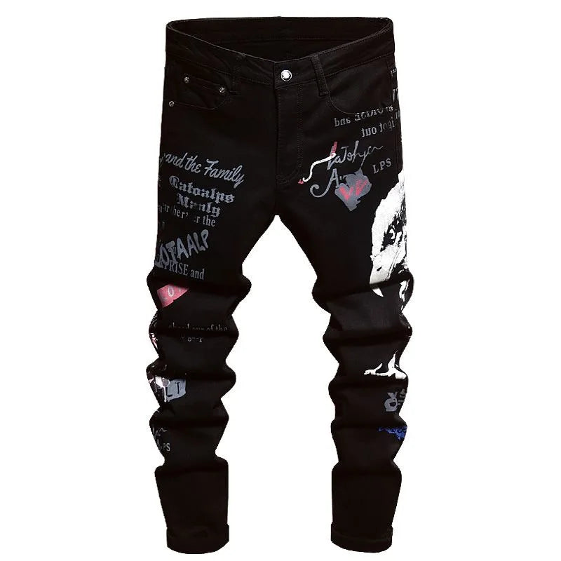 2025 Spring and Autumn New Fashion Trend Printed Black Straight Leg Jeans Men's Casual Comfort Breathable High Quality Pants