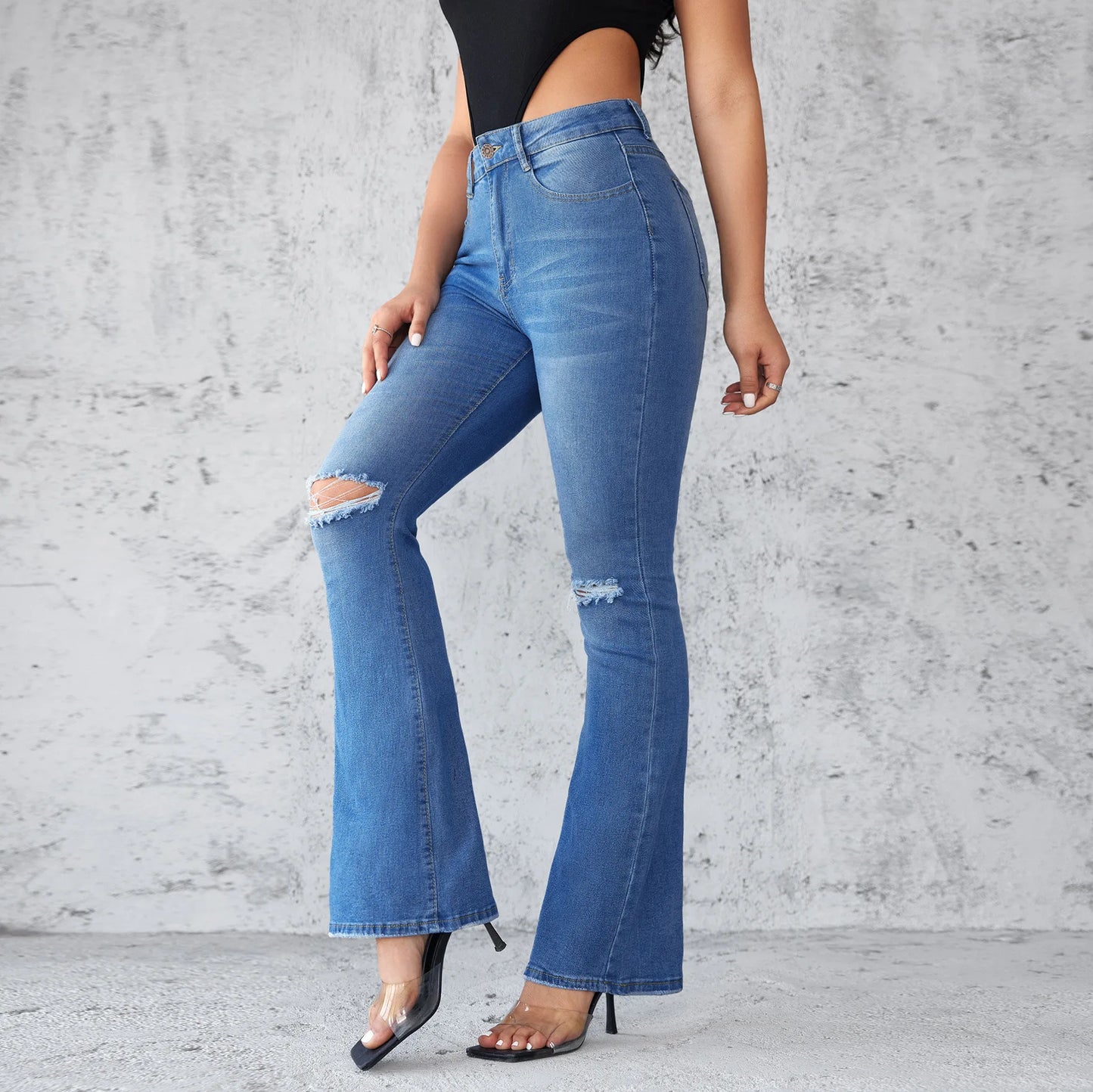 2025 New Slim-fit Washed Ripped Micro-flared Jeans, Women's Four Seasons Fashionable, Comfortable and Elastic High-waisted Jeans