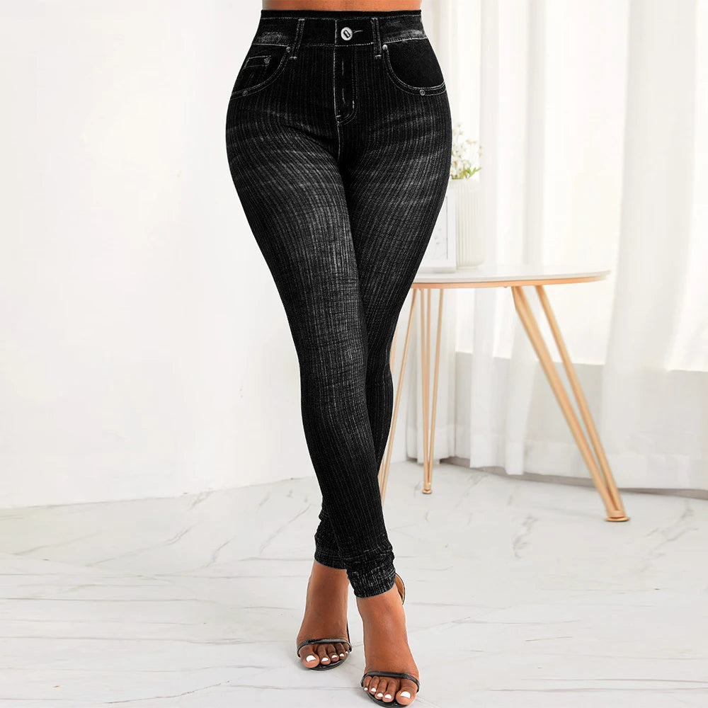 M XXL Faux Denim Leggings Women Clothing Summer High Waist Jeans Oversized Basics Pants Female Casual Slim Trousers