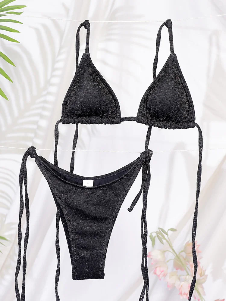 Miyouj 2025 Bikini Set Shiny Swimwear Solid Color Swimsuits Women's Beach Wear Suits Brazilian Biquini Triangle Two Piece Suit