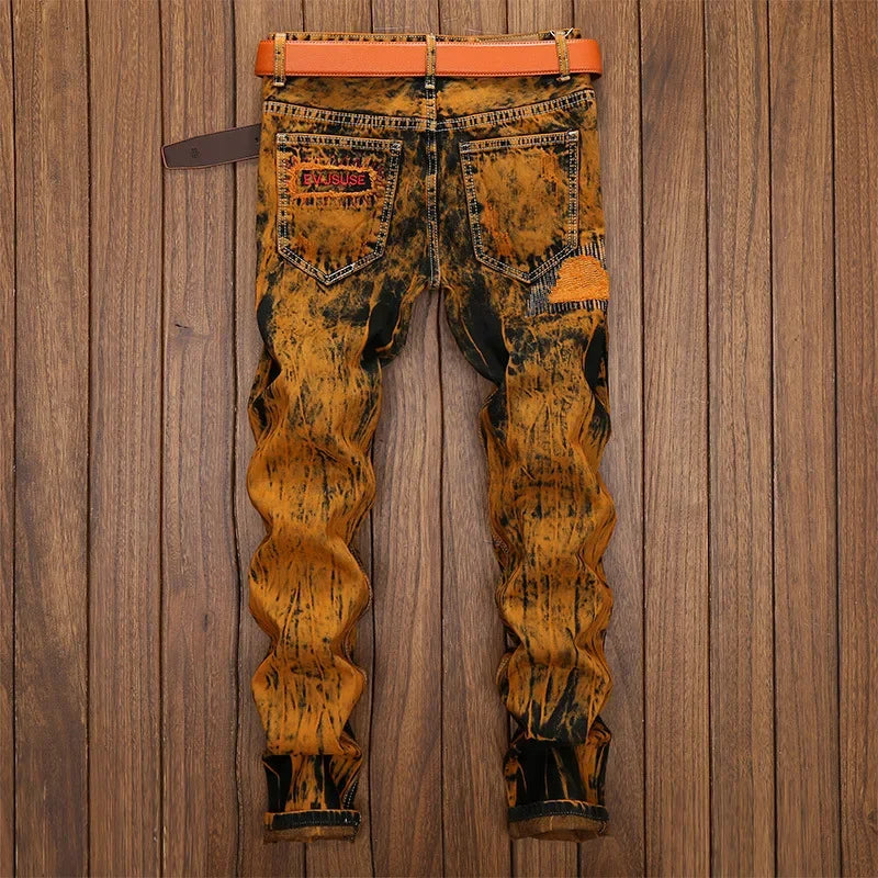Autumn New Vintage Jeans Men's Ripped Straight Slim-fit Jeans Patchwork Personalized Distressed Hip-hop Streetwear Man Clothes