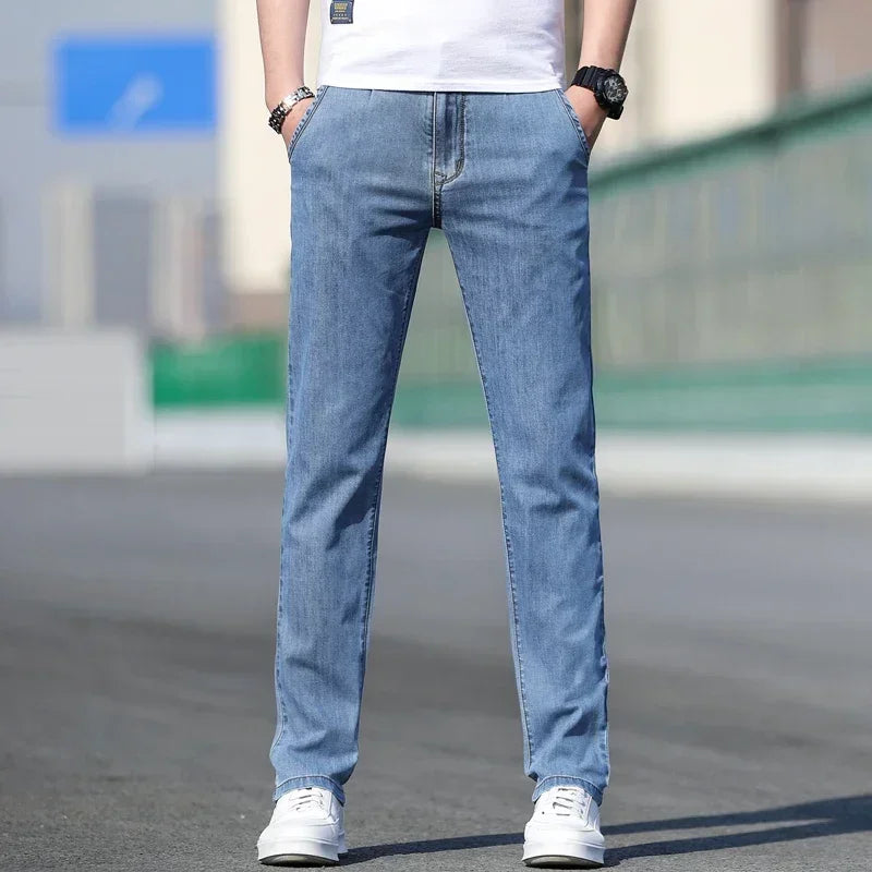 Thin Men's Baggy Soft Casual Jeans Gray Summer Fashion Versatile Comfortable Stretch Straight Casual Jeans Light Blue Male