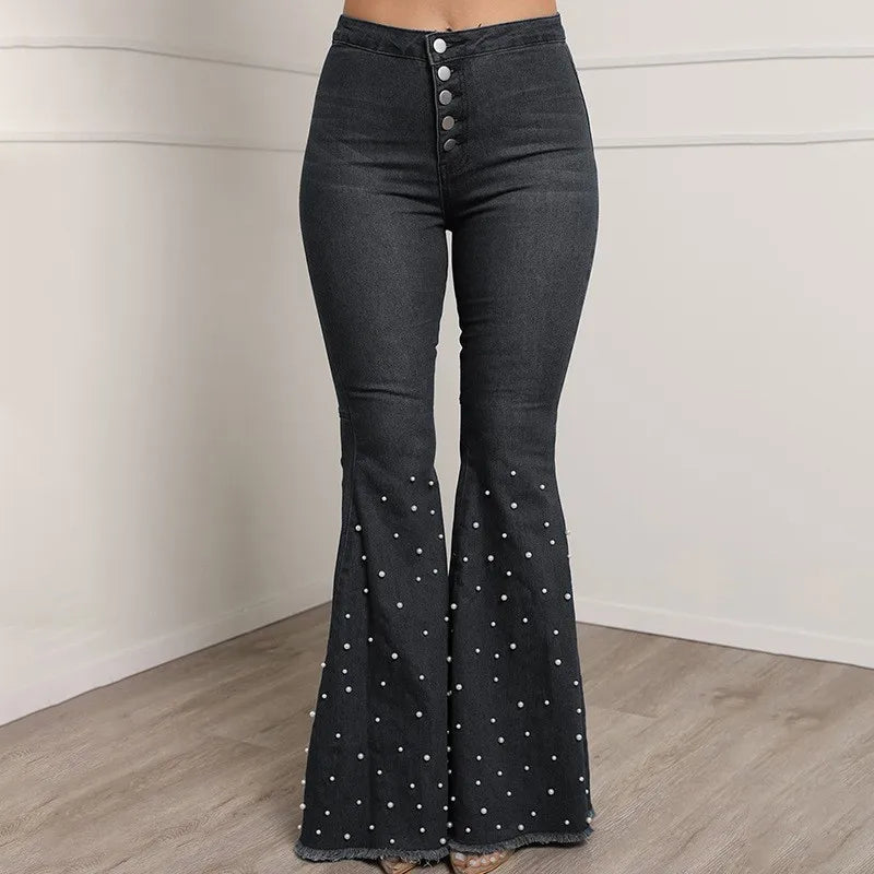 New Stretch Jeans Casual Beaded Flares High-waisted Street Hipster Trousers