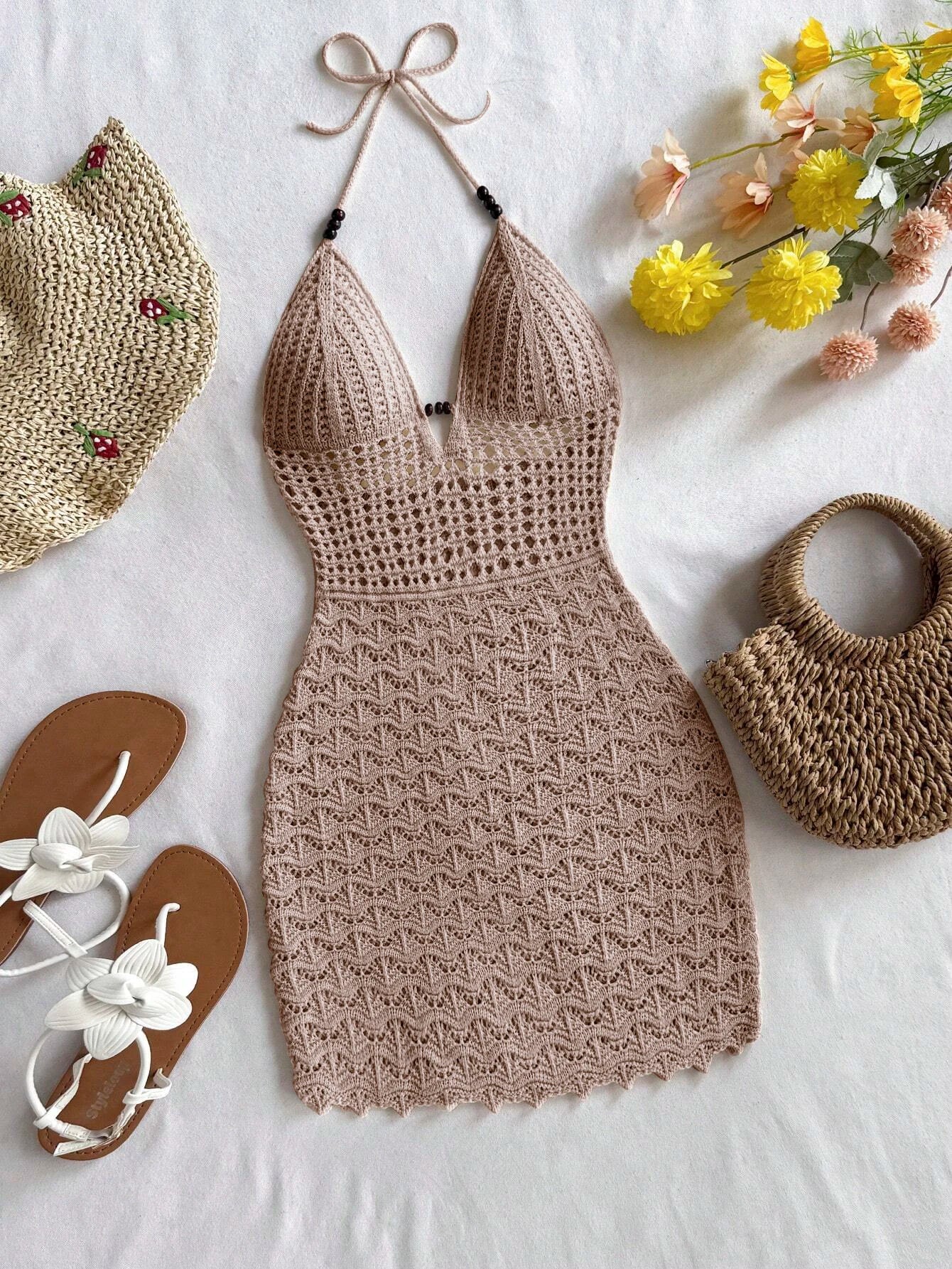 Soleia Summer Sexy V-Neck Hollow-Out Wooden Beads Fitted Dress, Vacation Spaghetti Strap Backless Ombre Knitted Dress, Suitable