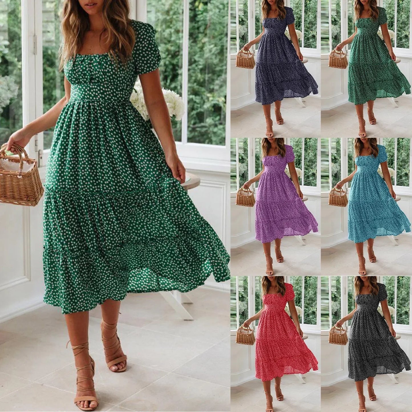 Sexy Square Collar Short Puff Sleeve Chiffon Floral Print Boho Party Dress Summer Women Beachwear Sand Vestidos