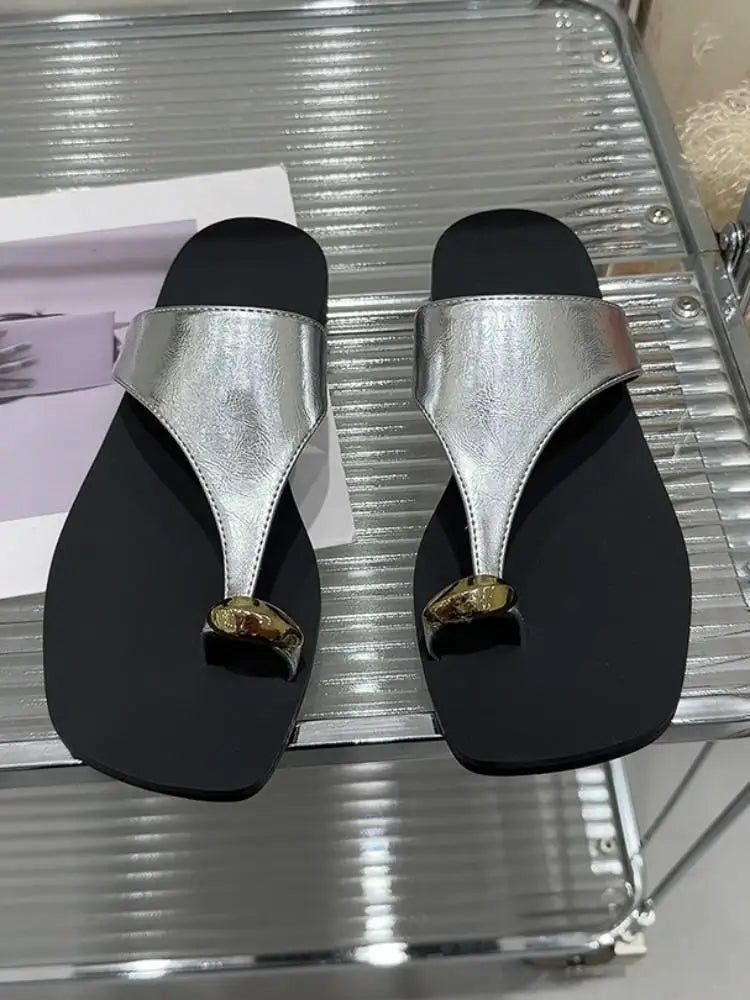 Summer Wearing Outside Clipped Toe Slippers Leisure Women Korean Style Versatile Solid Color Cow Split Leather Flip Flops