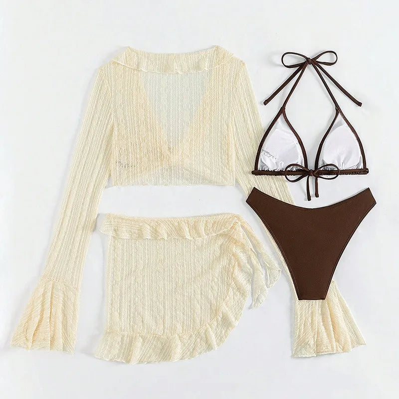 Sexy Four-piece Women Swimsuit Long-sleeve Cover-up Swimwear Summer Solid Bikini Set Brazilian Beachwear Party bathing suit