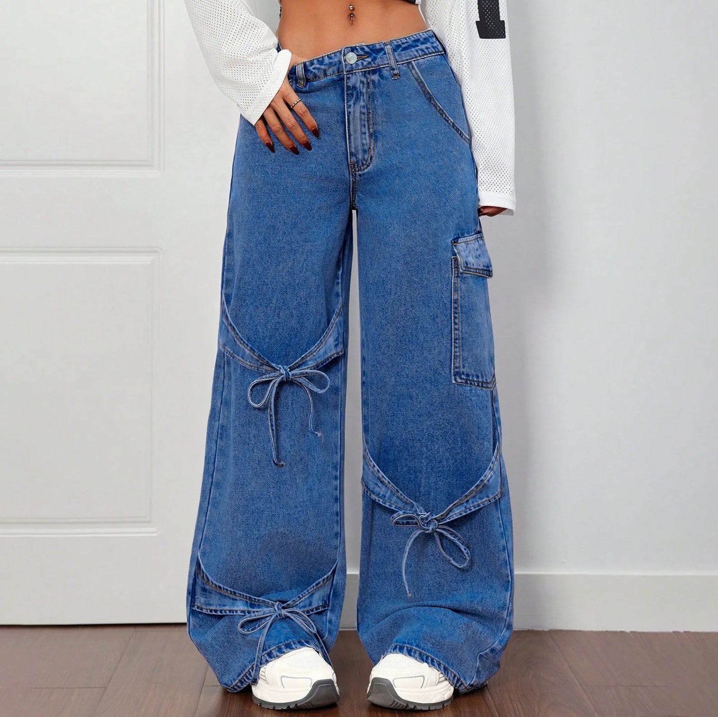 Fashionable lace-up straight-leg jeans. Women's four seasons new Design sense casual loose high-waisted workwear wide-leg jeans