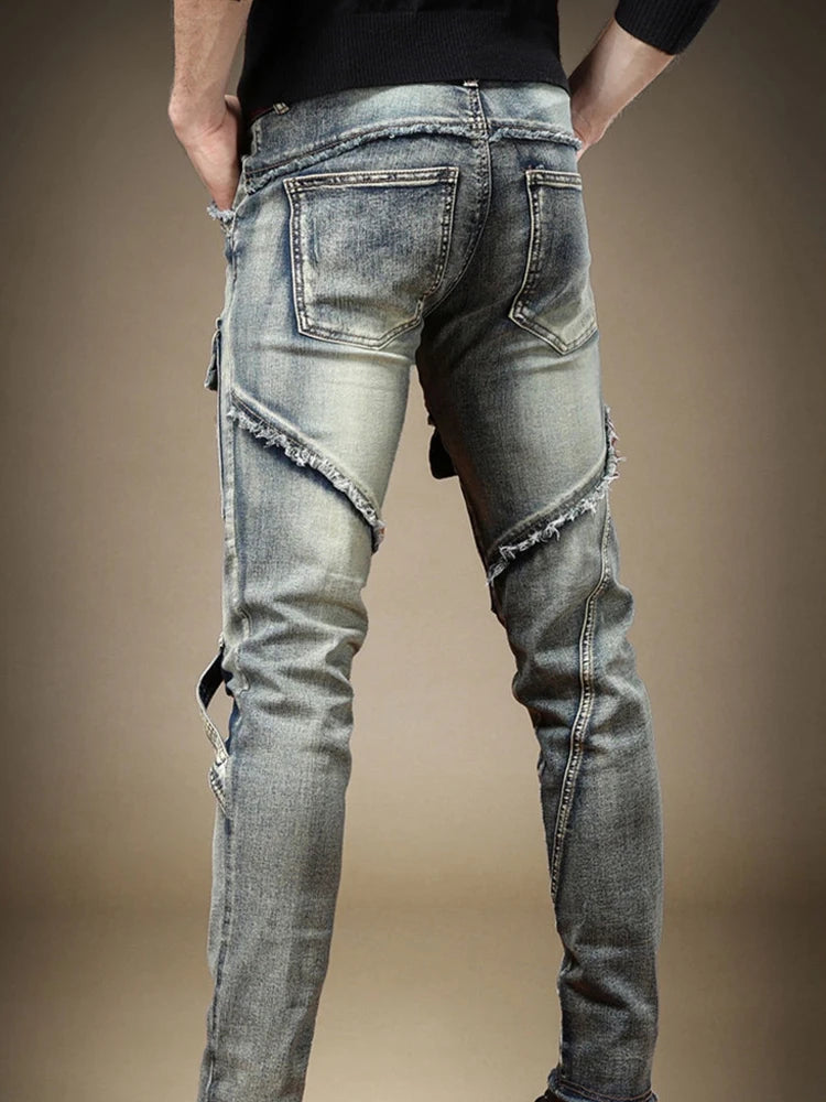 2024 Men's Jeans Stretch Vintage Washing Drak Blue Denim Pants Autumn Summer Luxury Street Hip-Hop Style Slim Fit Men Trousers
