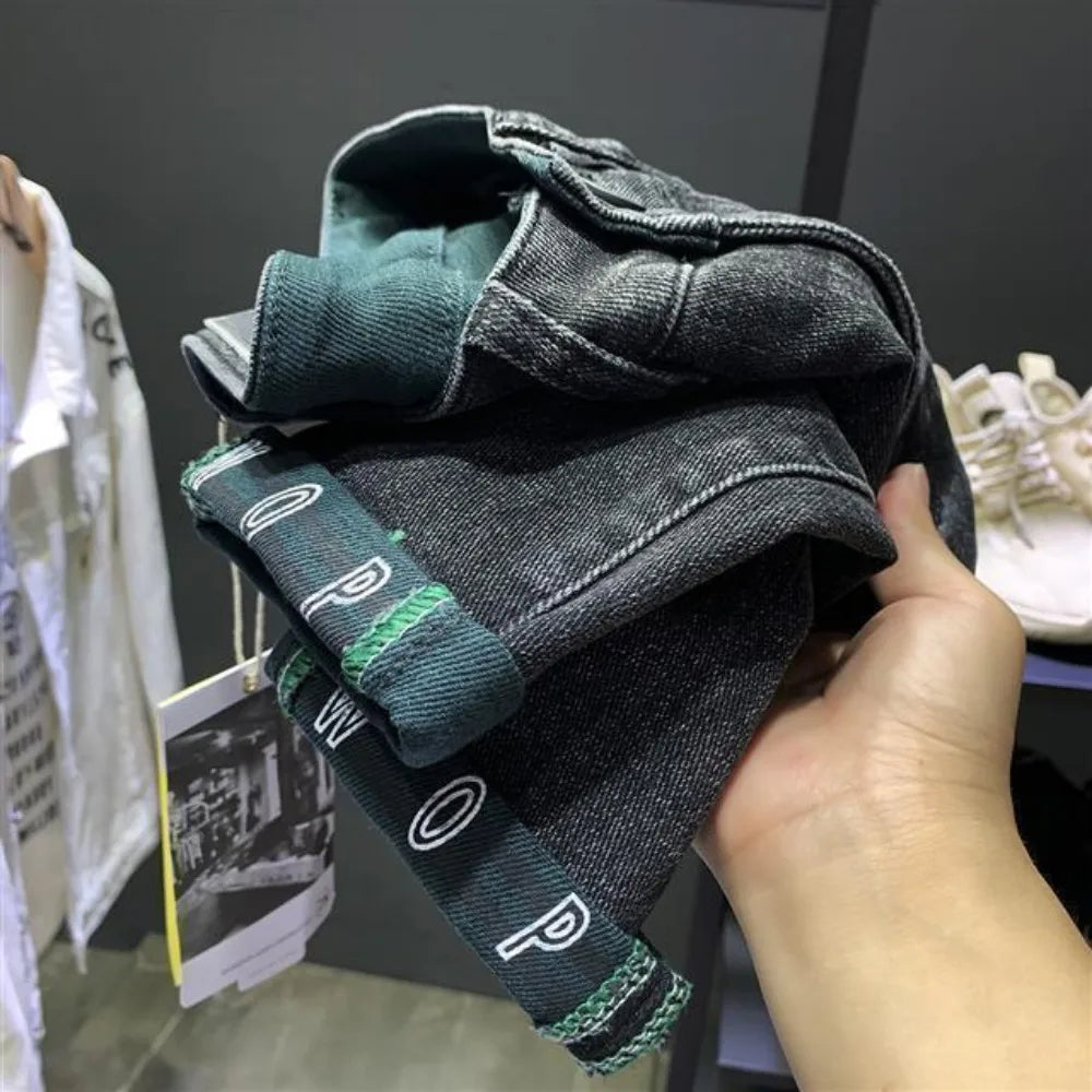 Korean Style Men's Slim Denim with Printed Foot Pattern Spring Autumn Wear Men Trousers Korean Luxury Clothing Streetwear Jeans