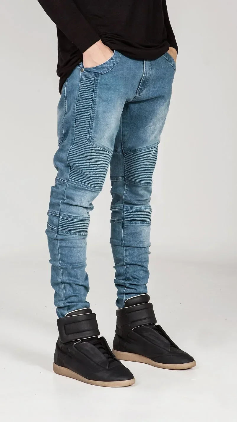 Men Washed Distressed Jeans Pencil Pants Mid Waist Denims Vintage Pockets Button Zipper Fly Streetwear Ankle Length Trousers