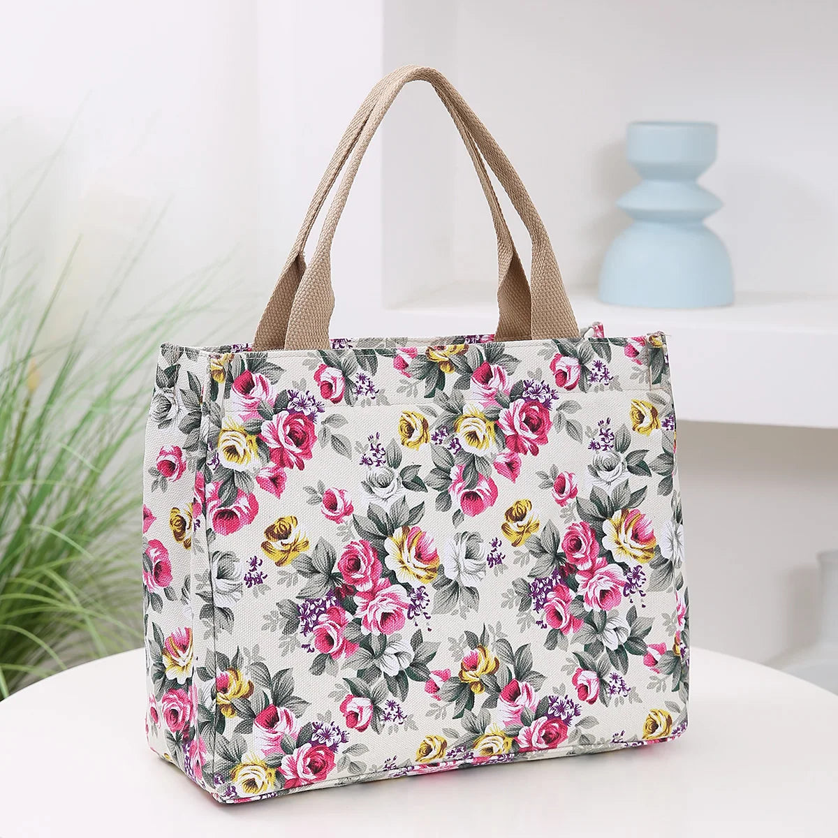 Fashion Floral Print Tote Bag, Portable Canvas Lunch Bag, Women's Casual Handbag & Bento Mommy Bag For Picnic Travel