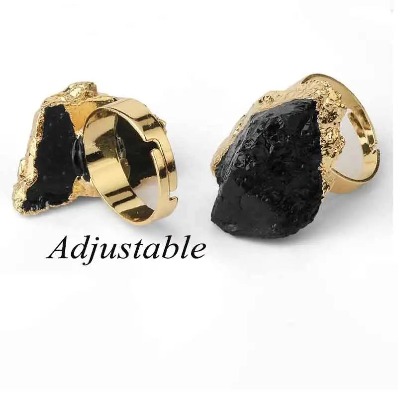 Irregular Black Tourmaline Ring for Men Gold Color Genuine Natural Raw Crystal Stone Reiki Energy Jewelry Gift Adjustable x239