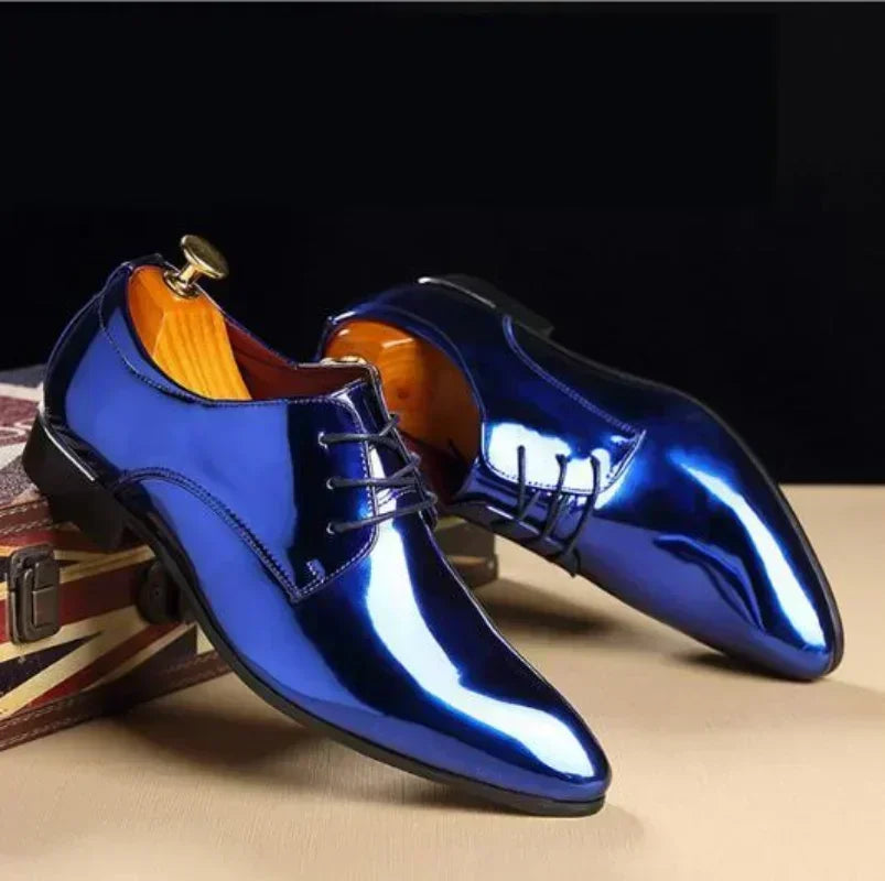 Fashion Trend Patent Leather Men Wedding Shoes Gold Blue Red White Oxfords Shoes Designer Pointed Toe Dress Shoes Big Size 37-48