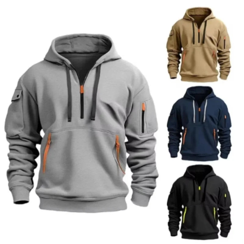 New autumn and winter high-value hoodie with warm and unique solid color pockets, men's hooded zipper sports casual top