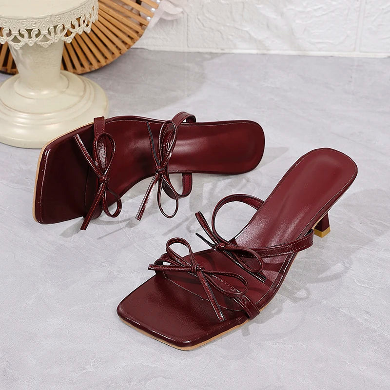 Wine Red High Heels Sandals for Women Square Toe Bowtie Decor Summer Outdoor Slippers Woman Thin Heeled Party Wedding Shoes