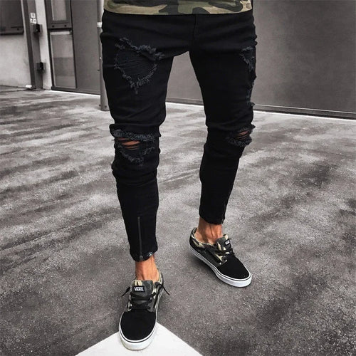 Punk Street Style Ripped Skinny Jeans Men Vintage Wash Solid Denim Trouser Mens Casual Slim Fit Pencil Denim Holes Pants 2025