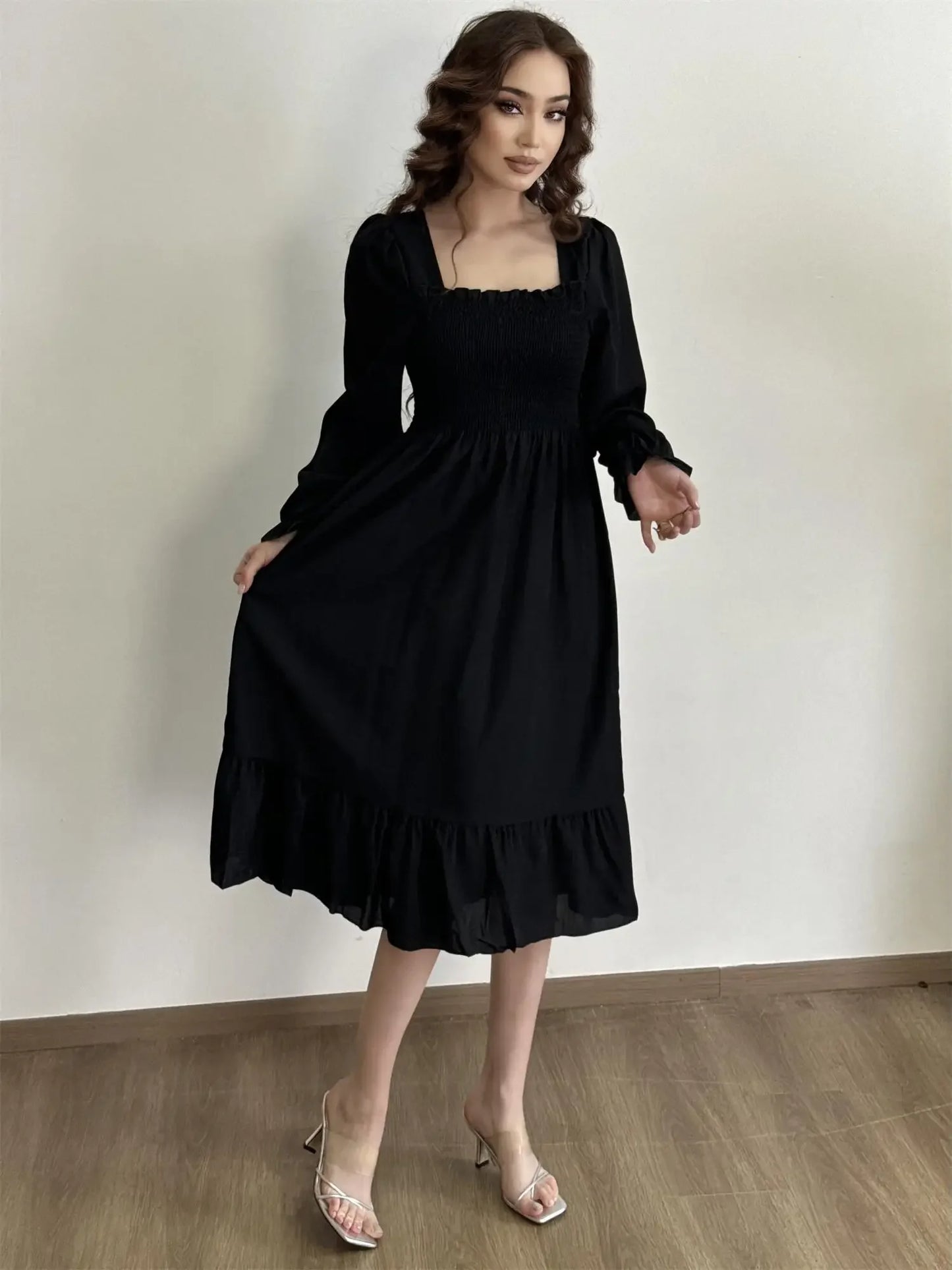 Long Sleeve Casual Dress Women Chiffon Dresses Autumn Spring A-line Printed Floral Elastic Chest Lace Up Midi Dresses Vestidos