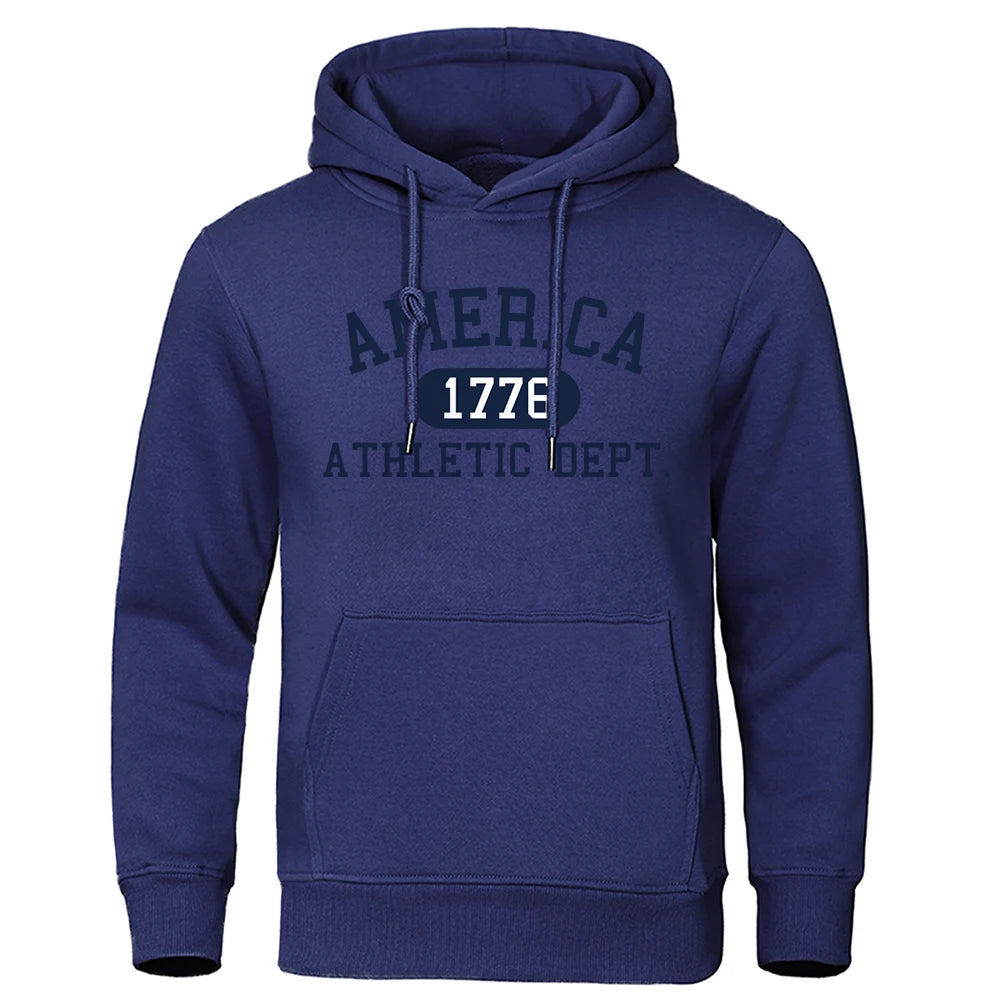 America 1776 Athletic Dept Letter Print Mans Hoodies Pocket O-Neck Sweatshirt Autumn Soft Sweatshirt Casual Loose Man Clothing