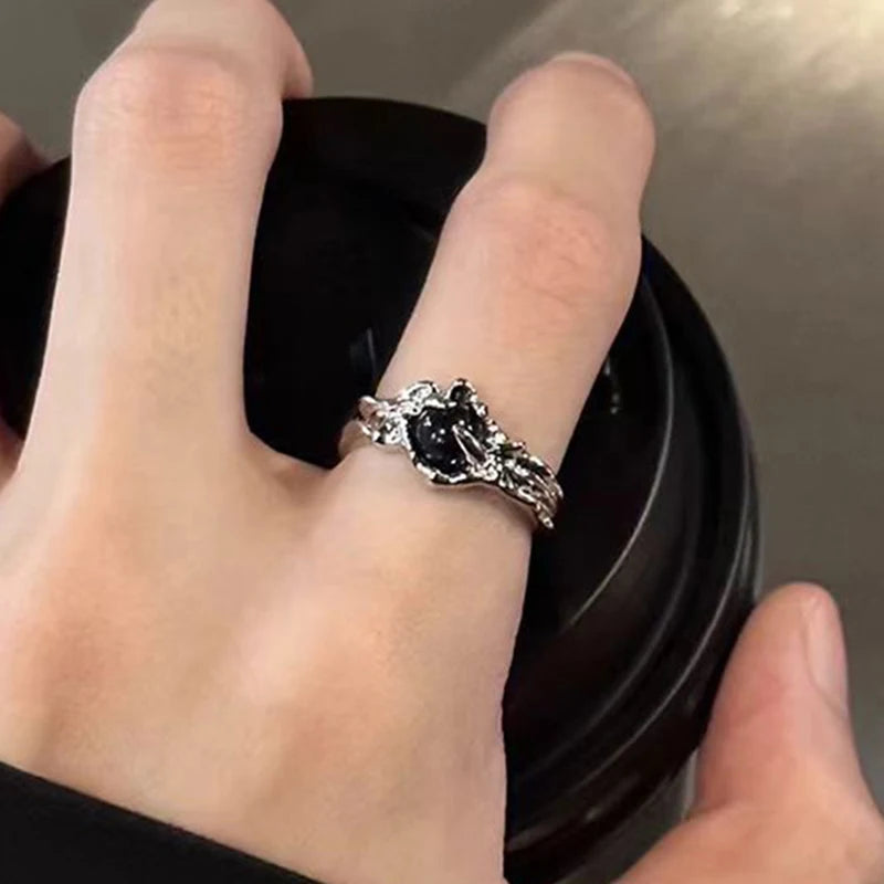 Gothic Irregular Gemstone Ring Aesthetic Girls Adjustable Black Stone Ring Women's Liquid Punk Ring Vintage Jewelry Accessories