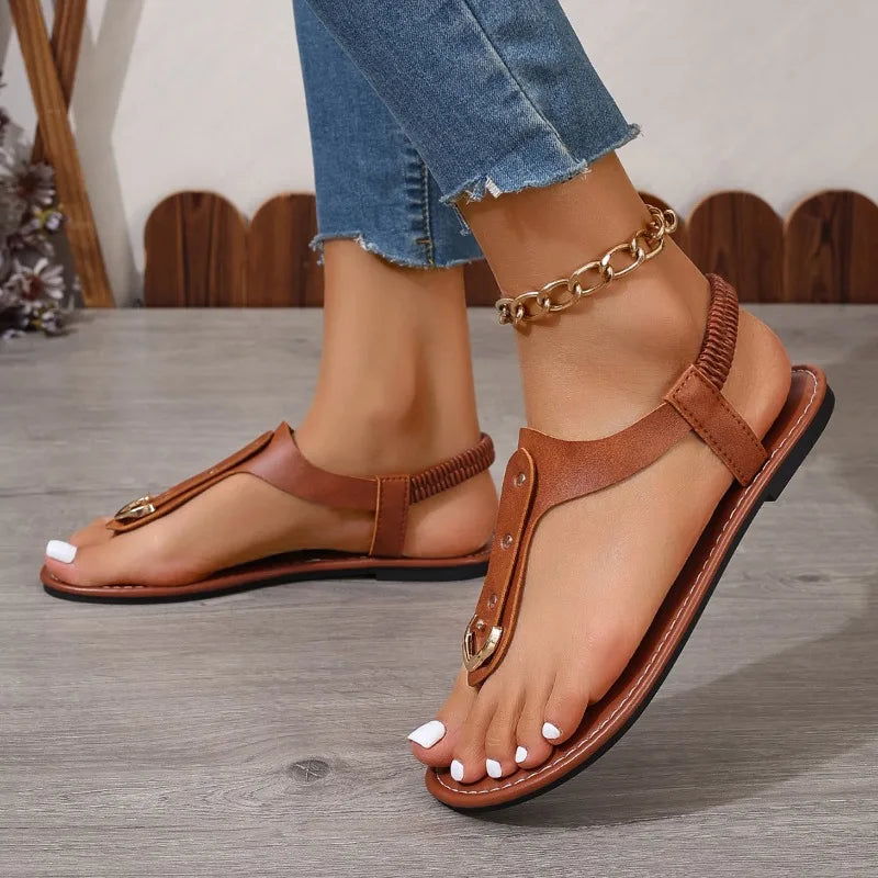 Thong Sandals for Women 2025 Summer Simple Fashionable Flats Elastic Band Outdoor Beach Shoes Casual Ladies Rome Sandals