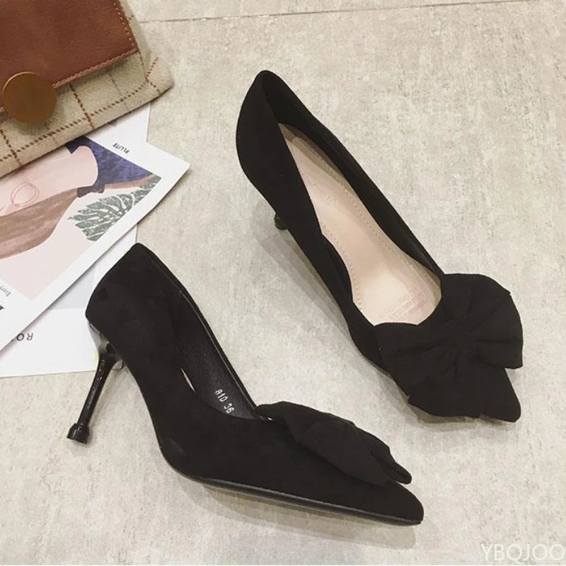 Women's trendy new Shoes Fashion bow tie slim high heels Sexy black Elegant shoes Fairy style comfort ladies pumps Zapatos Mujer