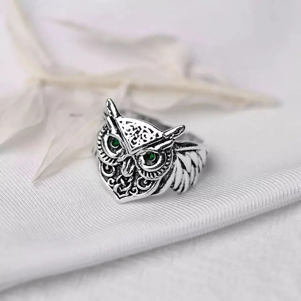 Retro Green Eye Owls Ring For Men Silver Color Punk Gothic Adjustable Ring Handmade Rock Hiphop Biker Jewelry Accessories Gift