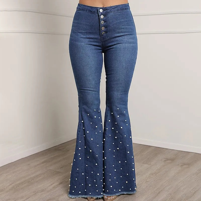 New Stretch Jeans Casual Beaded Flares High-waisted Street Hipster Trousers