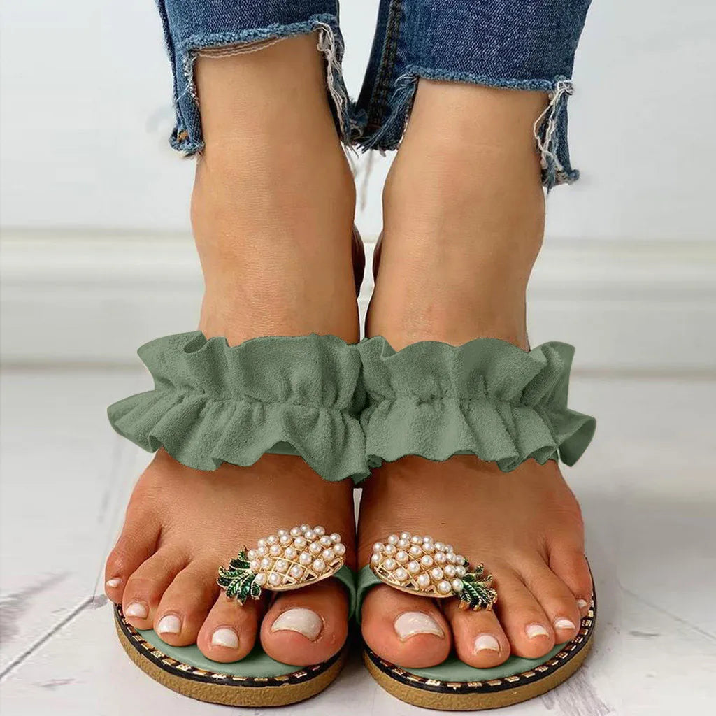 2025 Women Slipper Pineapple Pearl Flat Toe Bohemian Summer Beach Sandals Ladies Shoes plus size Mujer Verano